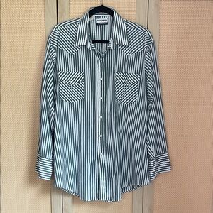 Vintage green and white stripe shirt with pearl snap buttons